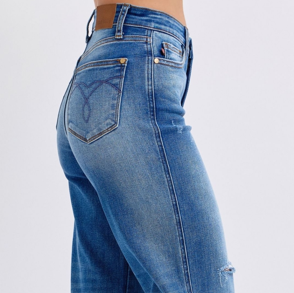 Judy Blue High-Rise Torn Boyfriend Jeans Ultra Wide Leg Cuff Raw Hem Denim Pants - Picture 11 of 16